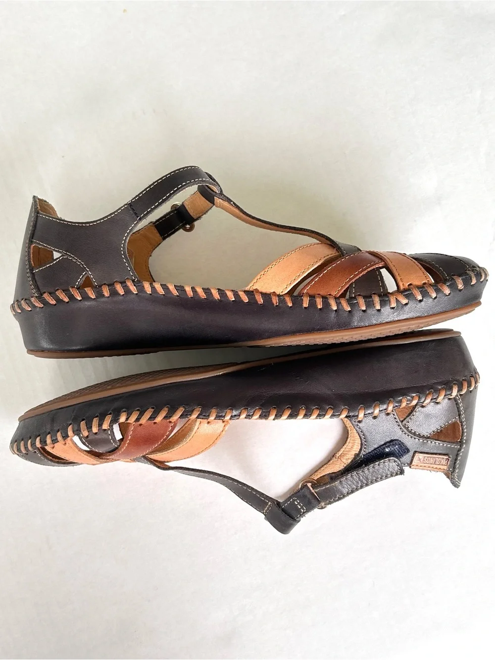 Pikolinos P Vallarta Navy Brown Leather T-Strap Semi Closed Toe Sandals EU 39